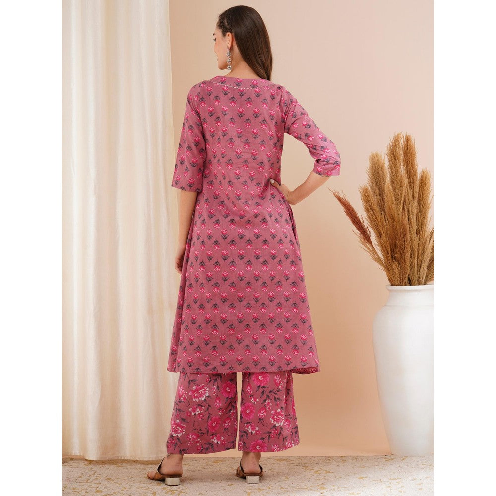 FASHOR Mauve Ethnic Floral Printed A-Line Kurta with Pant (Set of 2)