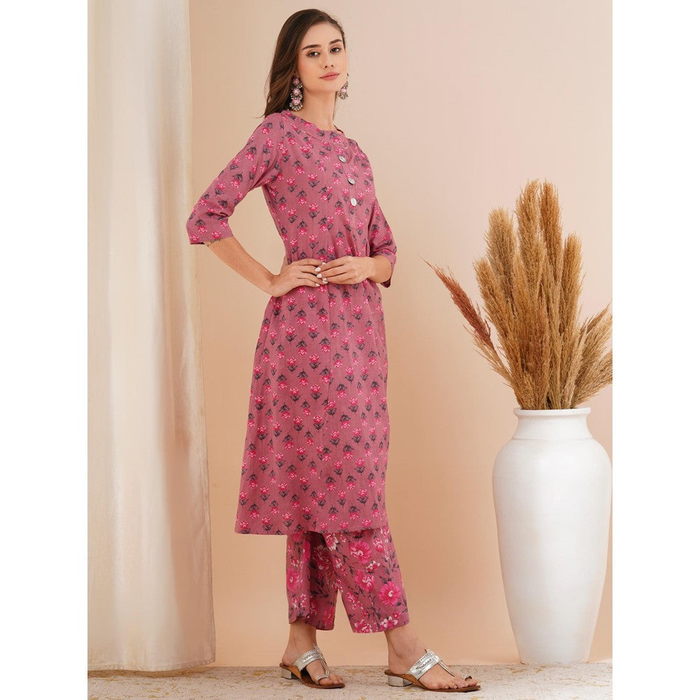 FASHOR Mauve Ethnic Floral Printed A-Line Kurta with Pant (Set of 2)