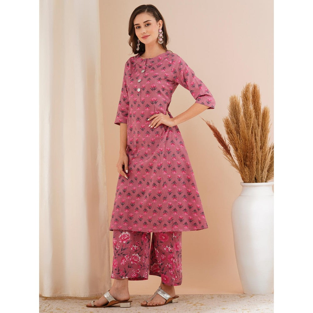 FASHOR Mauve Ethnic Floral Printed A-Line Kurta with Pant (Set of 2)