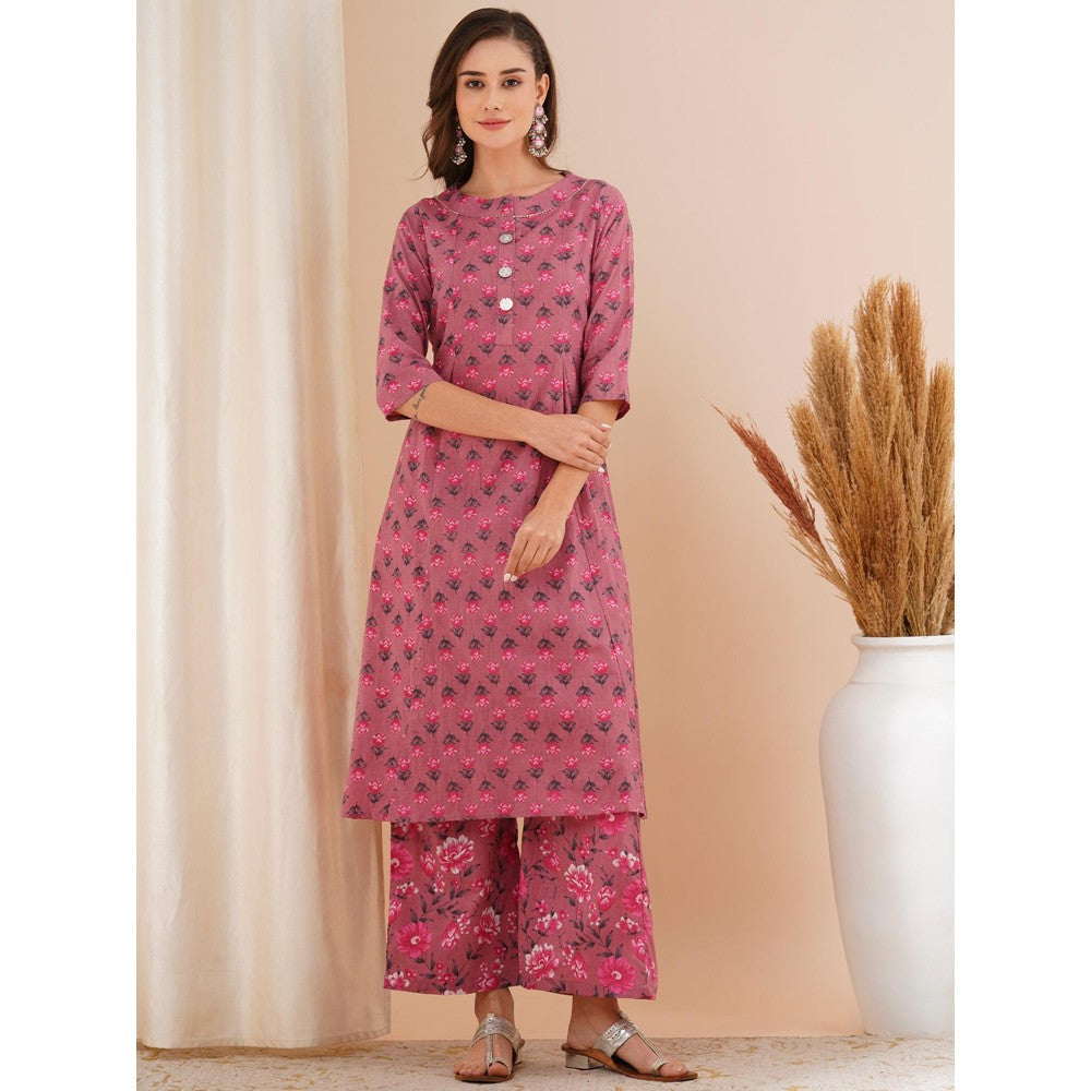 FASHOR Mauve Ethnic Floral Printed A-Line Kurta with Pant (Set of 2)