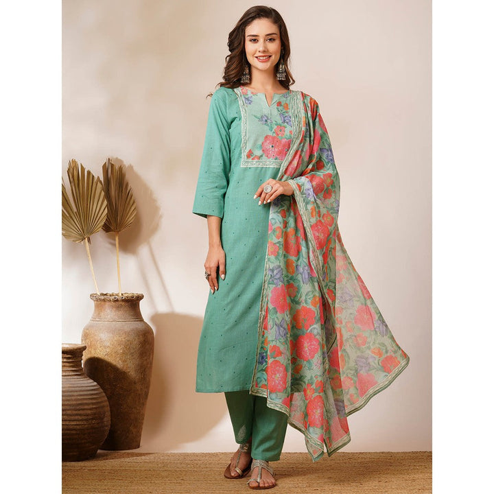 FASHOR Pastel Green Floral Printed Embroidered Kurta with Pant & Dupatta (Set of 3)