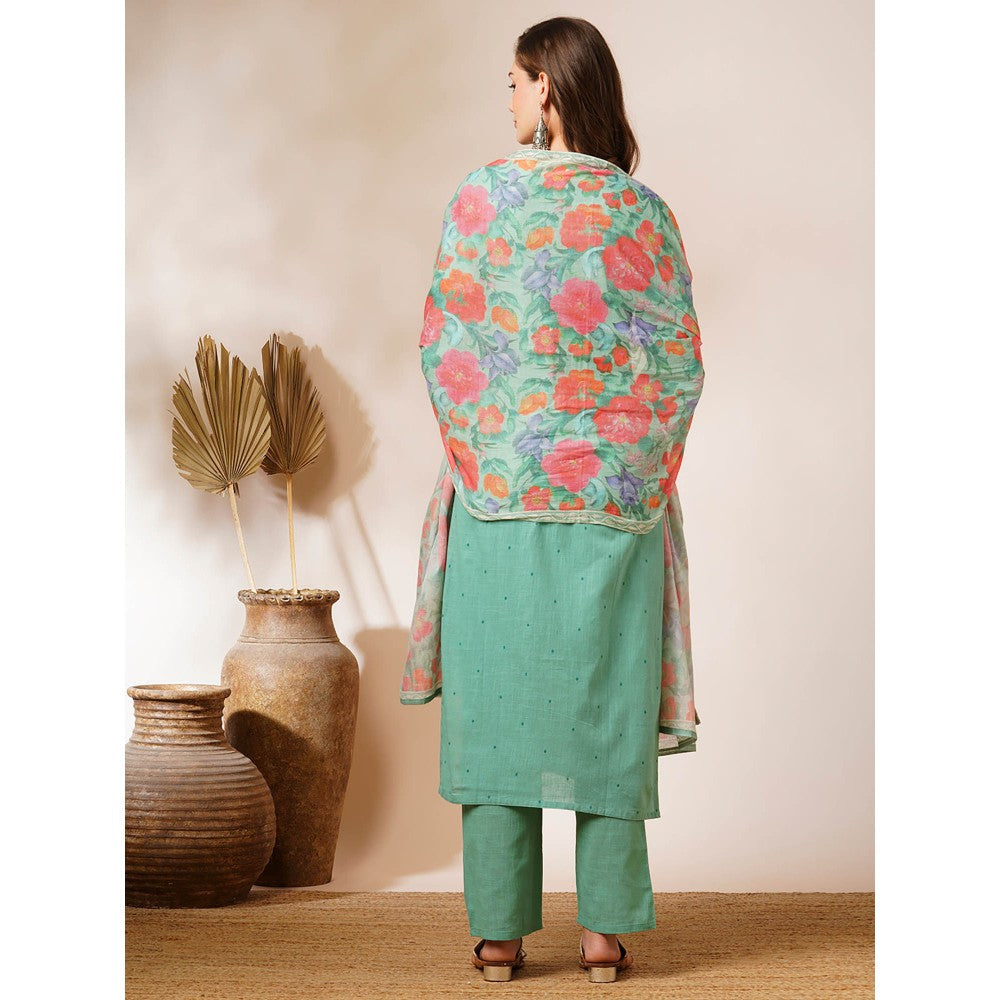 FASHOR Pastel Green Floral Printed Embroidered Kurta with Pant & Dupatta (Set of 3)