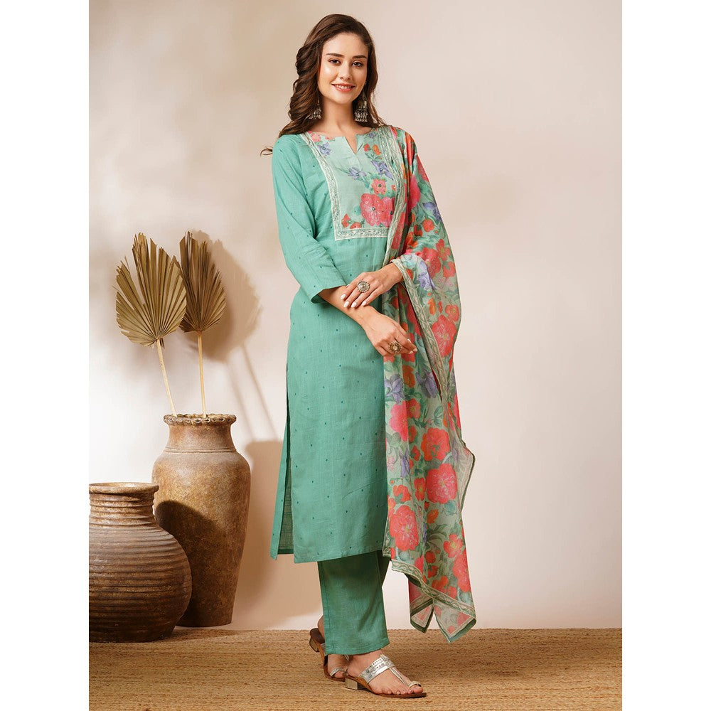 FASHOR Pastel Green Floral Printed Embroidered Kurta with Pant & Dupatta (Set of 3)