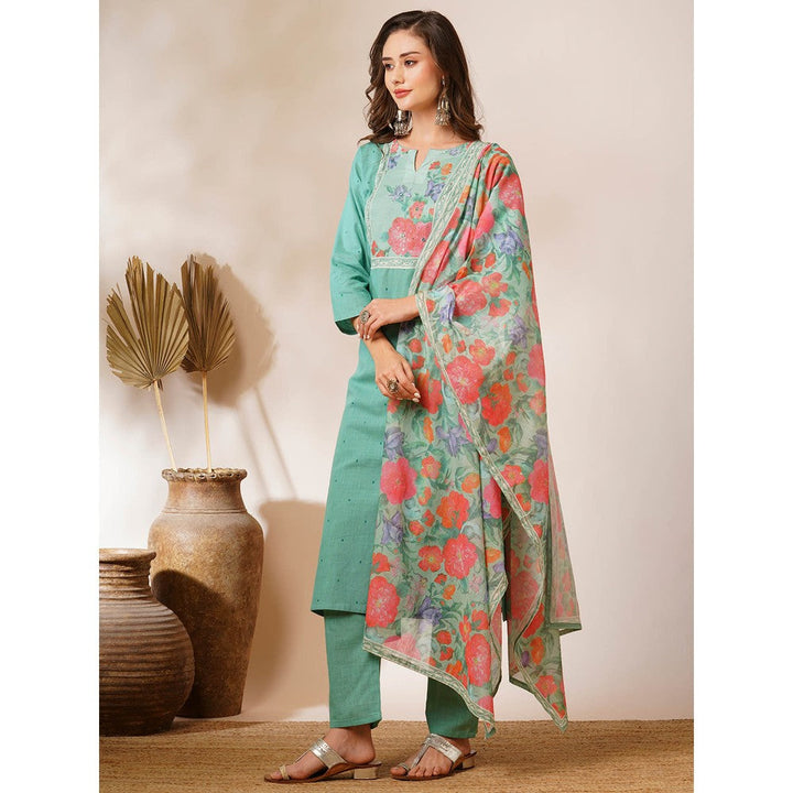 FASHOR Pastel Green Floral Printed Embroidered Kurta with Pant & Dupatta (Set of 3)