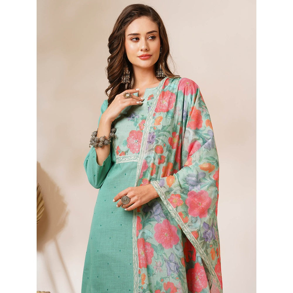 FASHOR Pastel Green Floral Printed Embroidered Kurta with Pant & Dupatta (Set of 3)