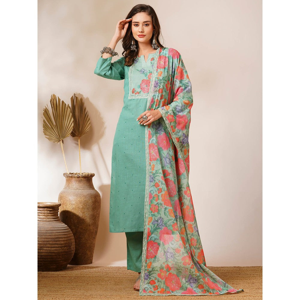 FASHOR Pastel Green Floral Printed Embroidered Kurta with Pant & Dupatta (Set of 3)