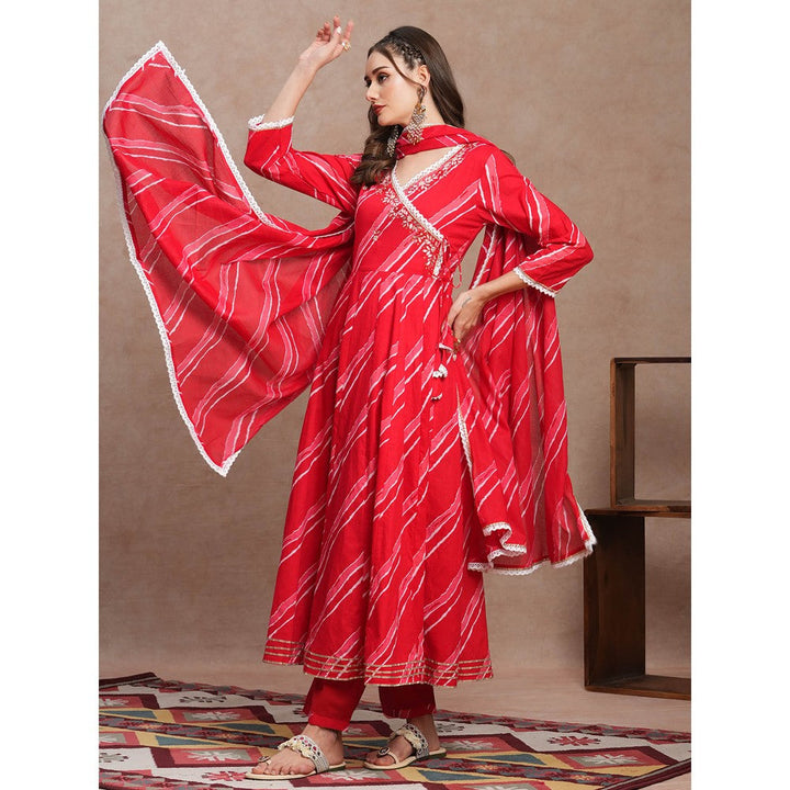 FASHOR Red Leheriya Printed & Embroidered Anarkali Kurta with Pant & Dupatta (Set of 3)