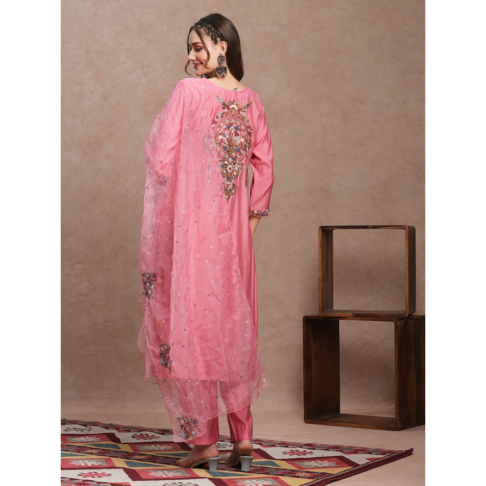 FASHOR Pink Hand Embroidered Straight Fit Kurta with Pant & Dupatta (Set of 3)