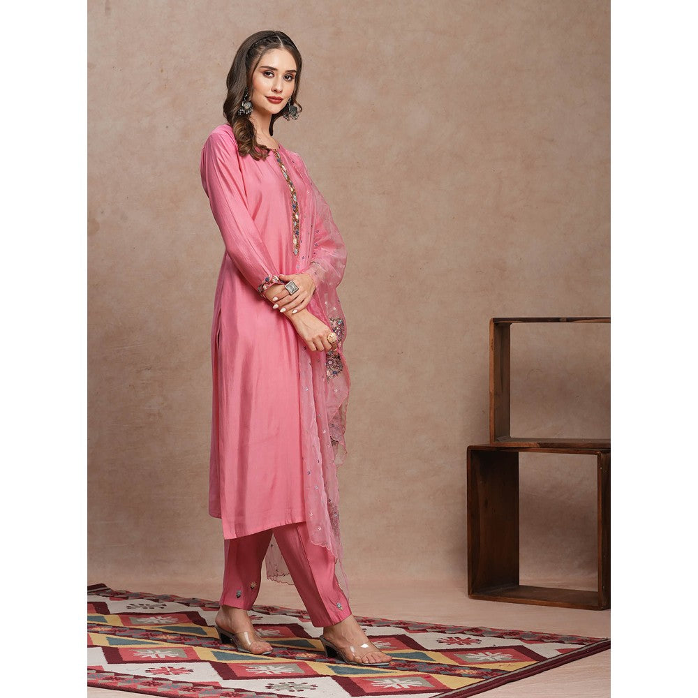 FASHOR Pink Hand Embroidered Straight Fit Kurta with Pant & Dupatta (Set of 3)