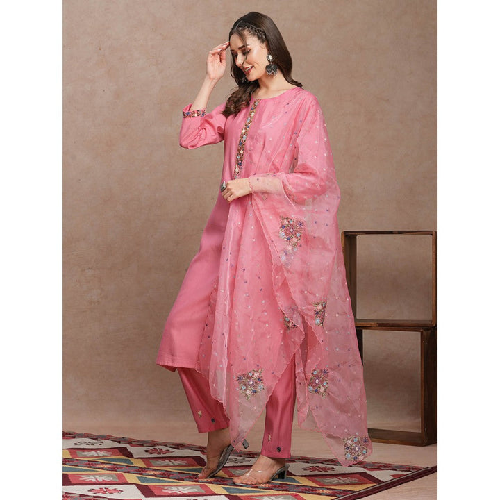 FASHOR Pink Hand Embroidered Straight Fit Kurta with Pant & Dupatta (Set of 3)