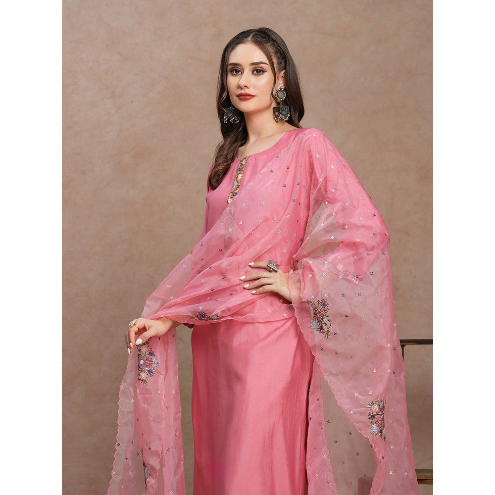 FASHOR Pink Hand Embroidered Straight Fit Kurta with Pant & Dupatta (Set of 3)