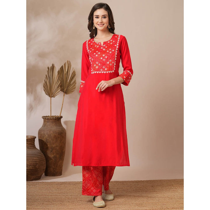 FASHOR Red Embroidered Bandhni Printed Straight Fit Kurta with Palazzo (Set of 2)