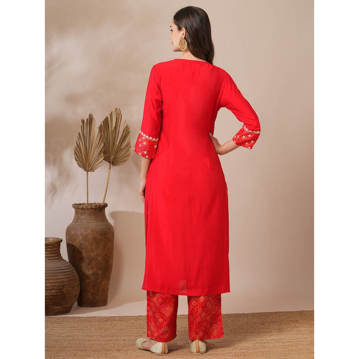 FASHOR Red Embroidered Bandhni Printed Straight Fit Kurta with Palazzo (Set of 2)