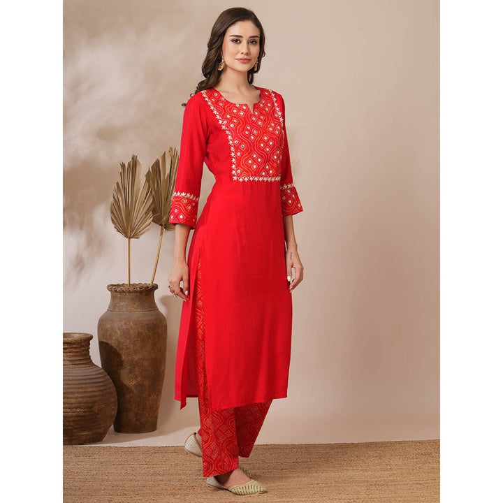 FASHOR Red Embroidered Bandhni Printed Straight Fit Kurta with Palazzo (Set of 2)