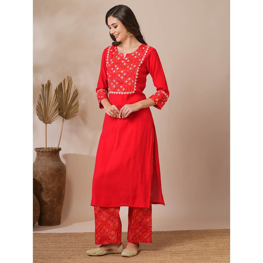 FASHOR Red Embroidered Bandhni Printed Straight Fit Kurta with Palazzo (Set of 2)