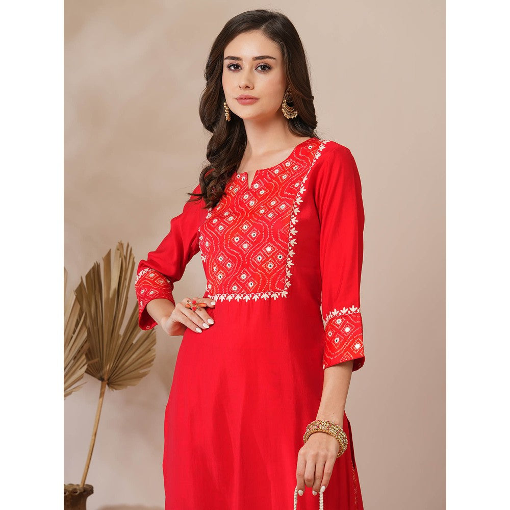 FASHOR Red Embroidered Bandhni Printed Straight Fit Kurta with Palazzo (Set of 2)