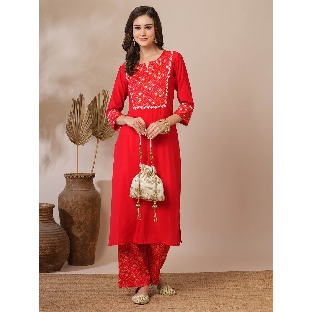 FASHOR Red Embroidered Bandhni Printed Straight Fit Kurta with Palazzo (Set of 2)