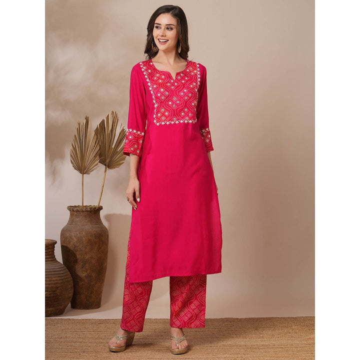 FASHOR Pink Embroidered Bandhni Printed Straight Fit Kurta with Palazzo (Set of 2)