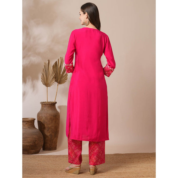 FASHOR Pink Embroidered Bandhni Printed Straight Fit Kurta with Palazzo (Set of 2)