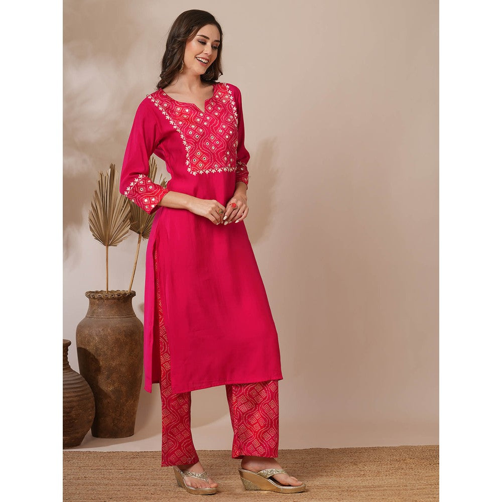 FASHOR Pink Embroidered Bandhni Printed Straight Fit Kurta with Palazzo (Set of 2)