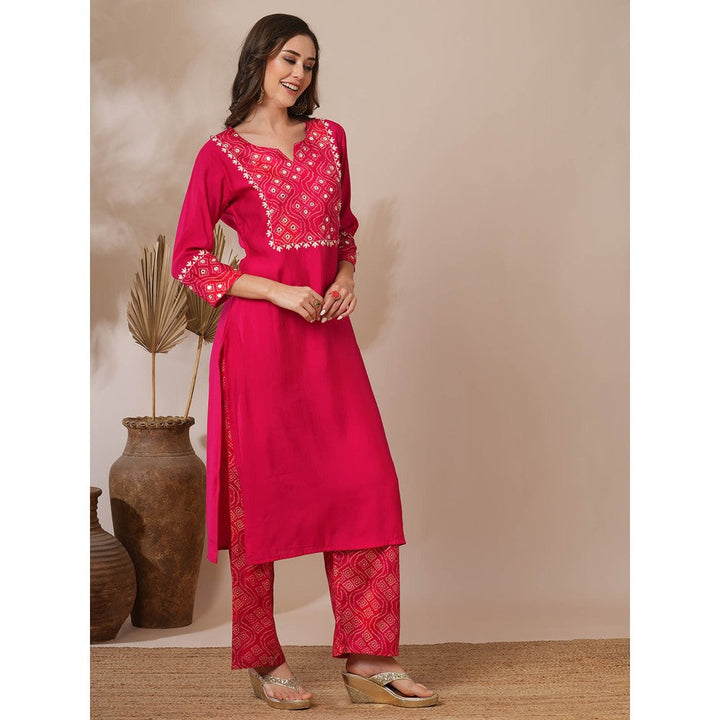 FASHOR Pink Embroidered Bandhni Printed Straight Fit Kurta with Palazzo (Set of 2)