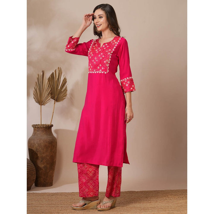 FASHOR Pink Embroidered Bandhni Printed Straight Fit Kurta with Palazzo (Set of 2)