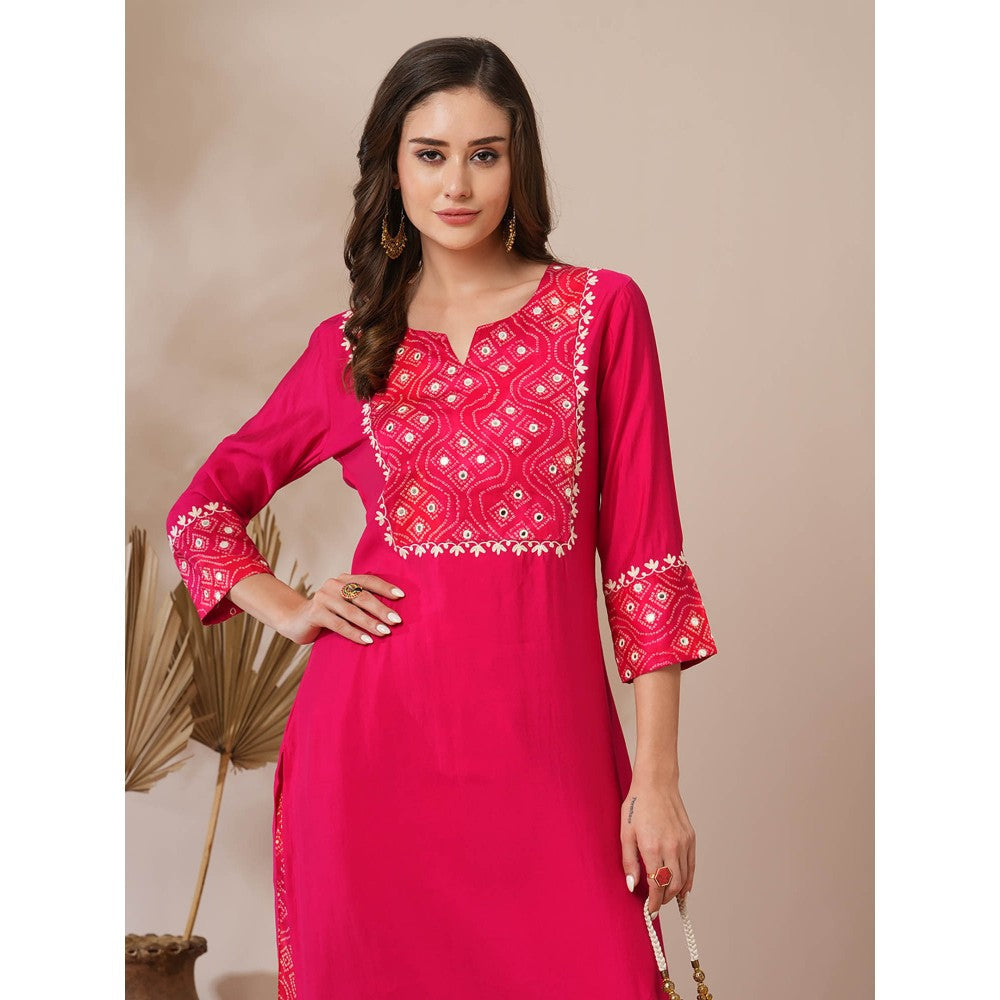 FASHOR Pink Embroidered Bandhni Printed Straight Fit Kurta with Palazzo (Set of 2)