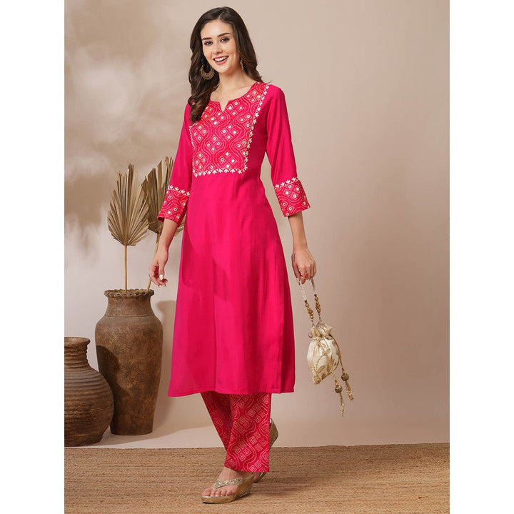 FASHOR Pink Embroidered Bandhni Printed Straight Fit Kurta with Palazzo (Set of 2)