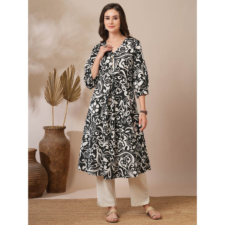 FASHOR Black Floral Printed A-Line Pleated Kurta with Pant (Set of 2)