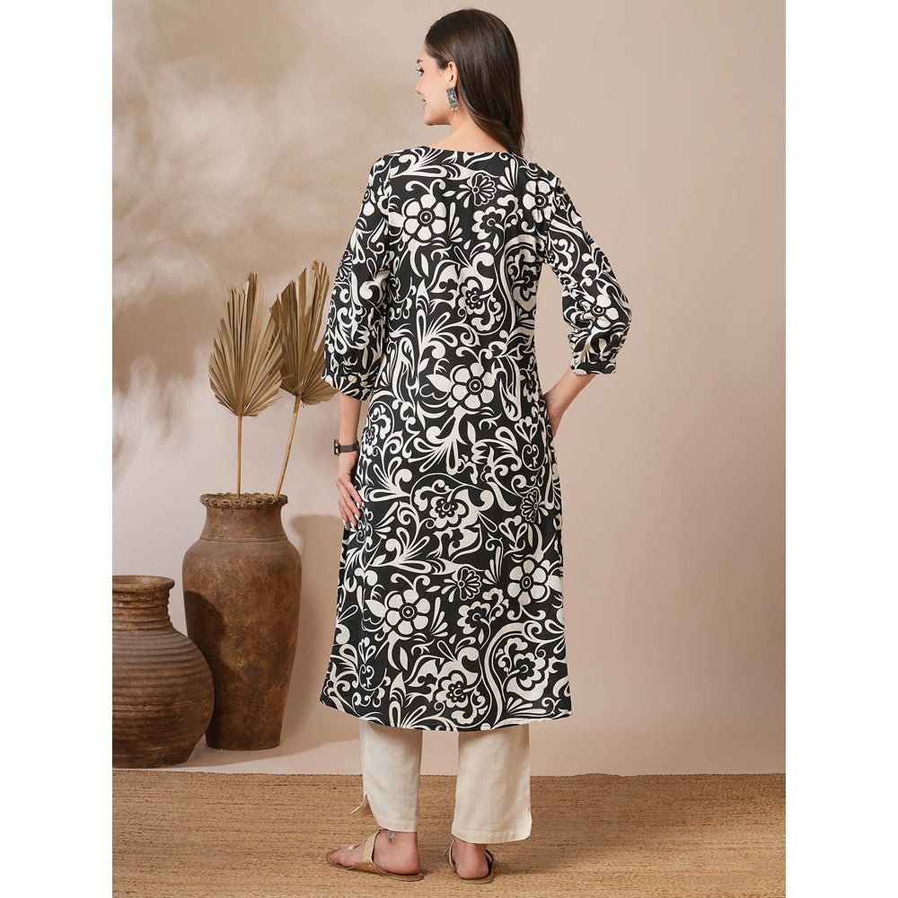 FASHOR Black Floral Printed A-Line Pleated Kurta with Pant (Set of 2)