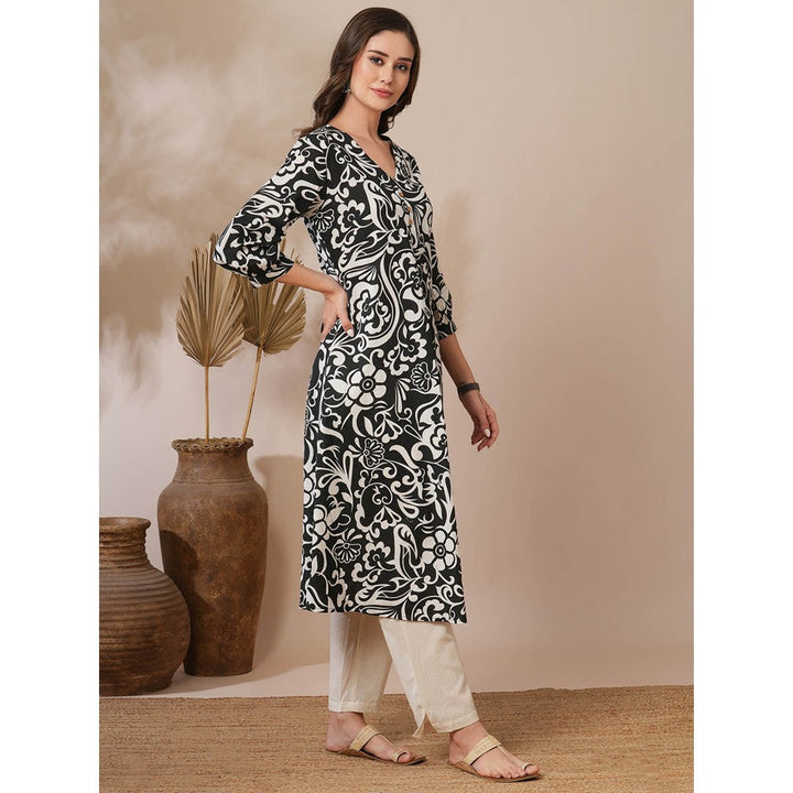 FASHOR Black Floral Printed A-Line Pleated Kurta with Pant (Set of 2)