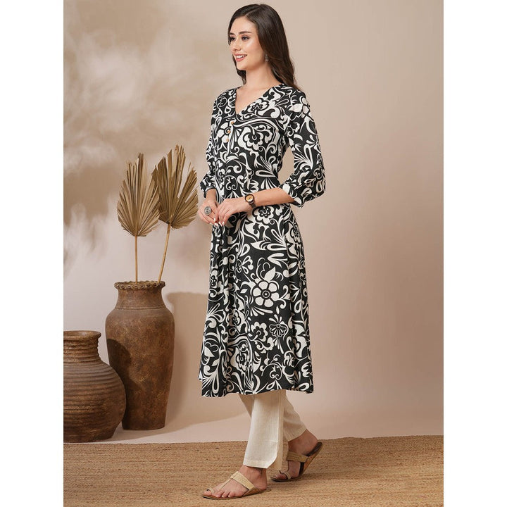 FASHOR Black Floral Printed A-Line Pleated Kurta with Pant (Set of 2)