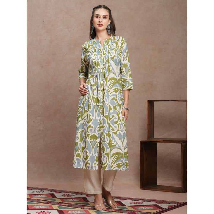 FASHOR Green Floral Printed A-Line Pleated Kurta with Pant (Set of 2)