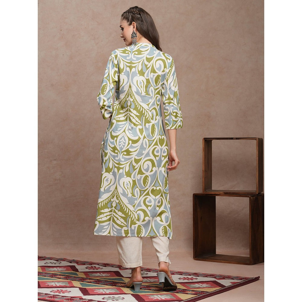 FASHOR Green Floral Printed A-Line Pleated Kurta with Pant (Set of 2)