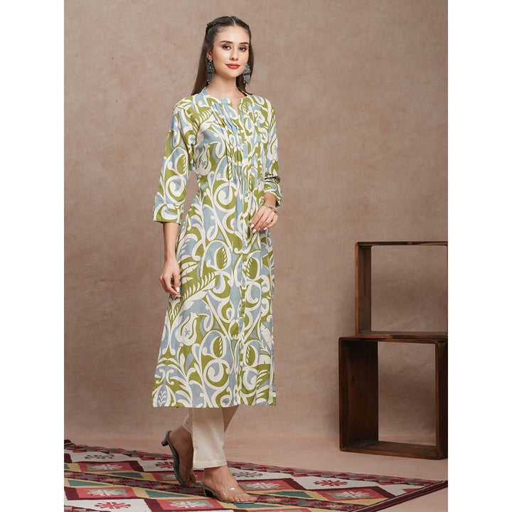 FASHOR Green Floral Printed A-Line Pleated Kurta with Pant (Set of 2)