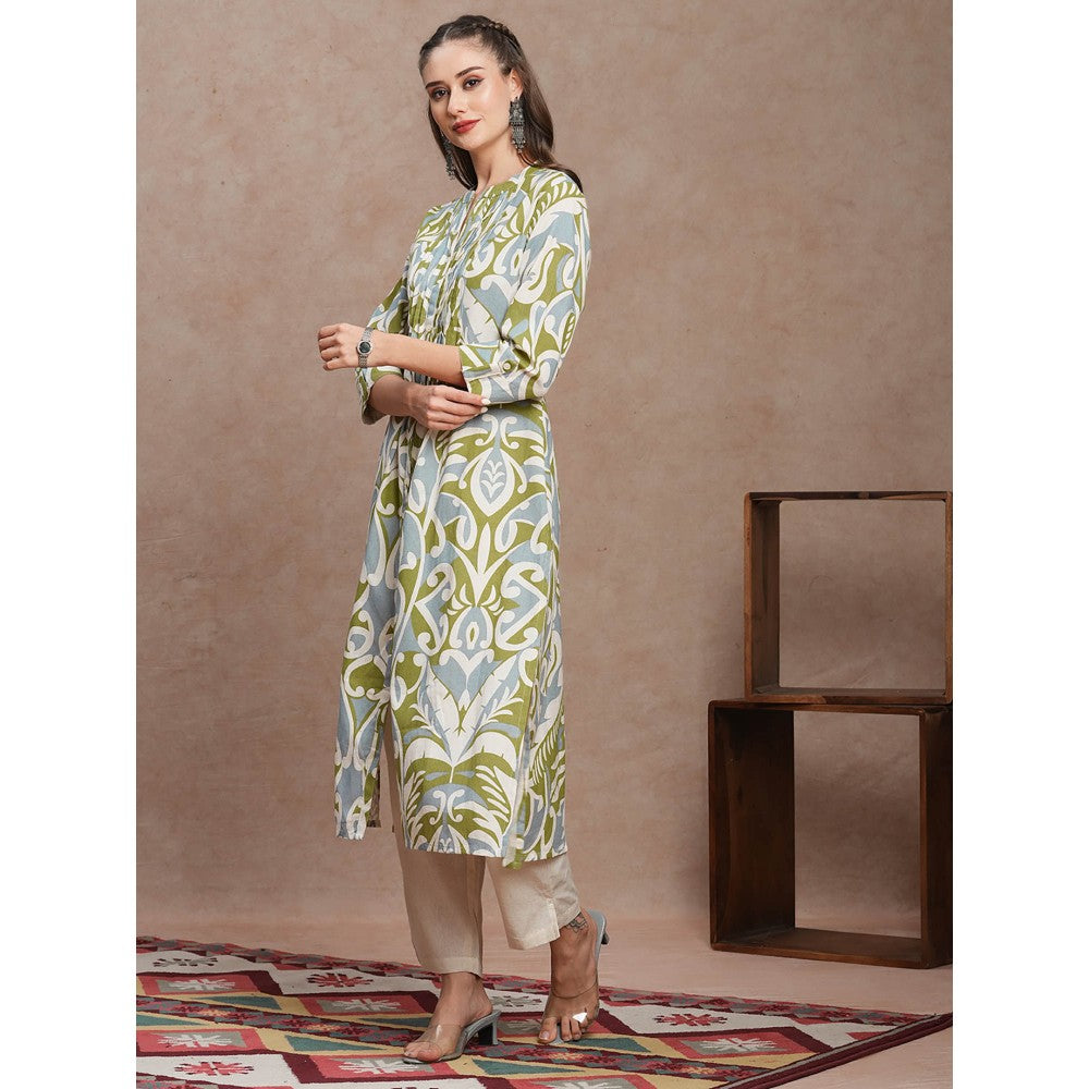 FASHOR Green Floral Printed A-Line Pleated Kurta with Pant (Set of 2)