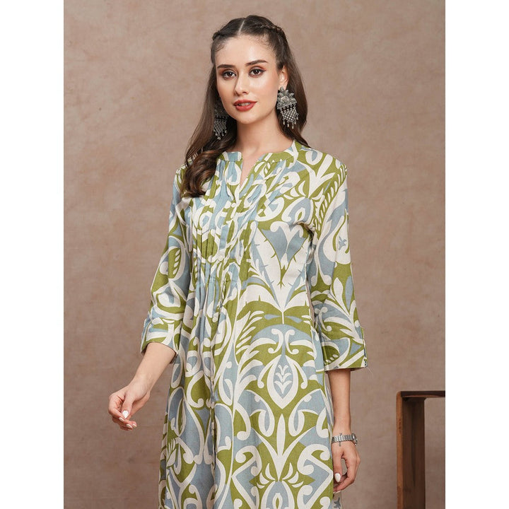 FASHOR Green Floral Printed A-Line Pleated Kurta with Pant (Set of 2)