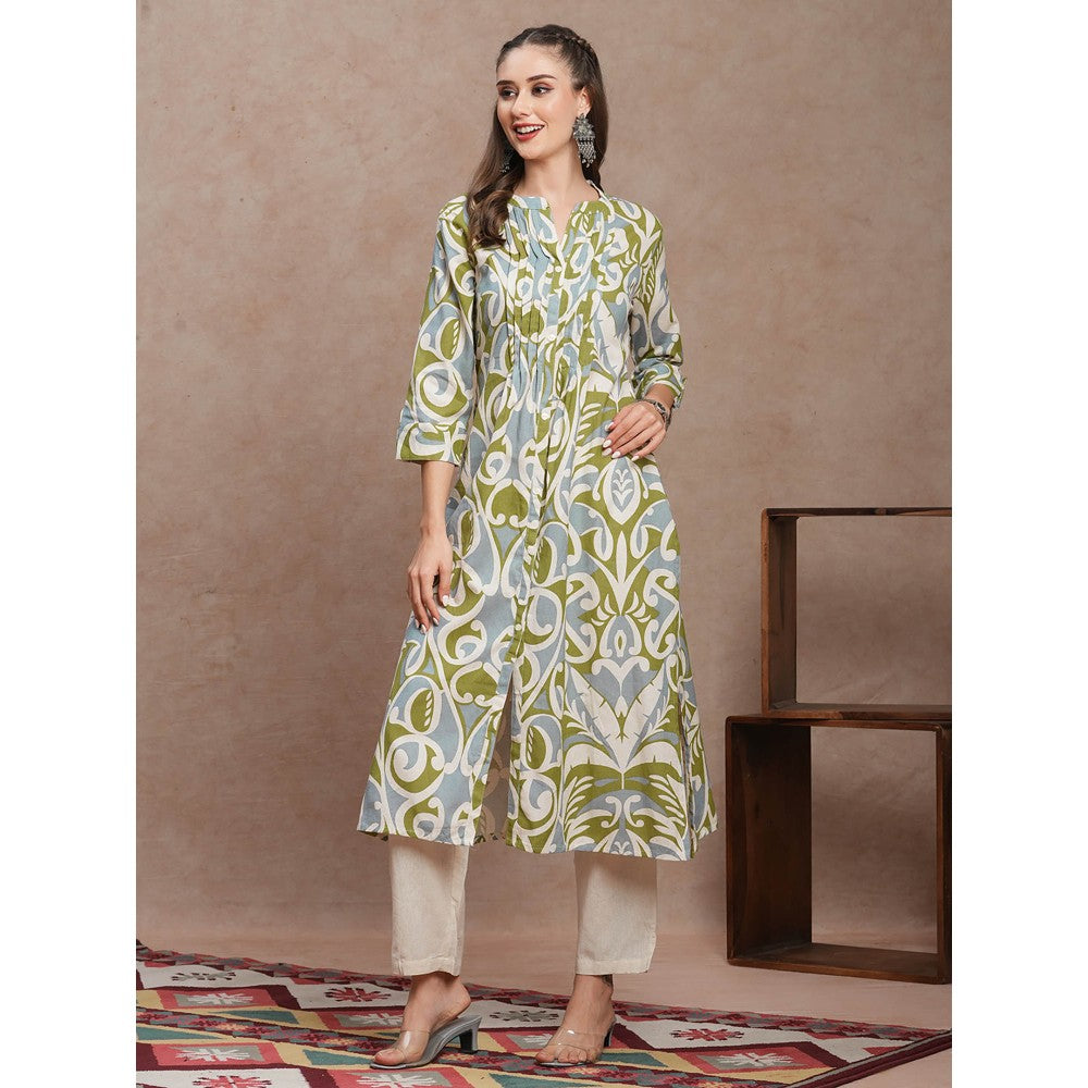 FASHOR Green Floral Printed A-Line Pleated Kurta with Pant (Set of 2)