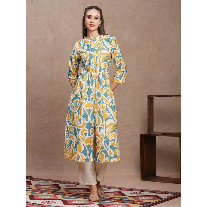 FASHOR Blue Floral Printed A-Line Pleated Kurta with Pant (Set of 2)