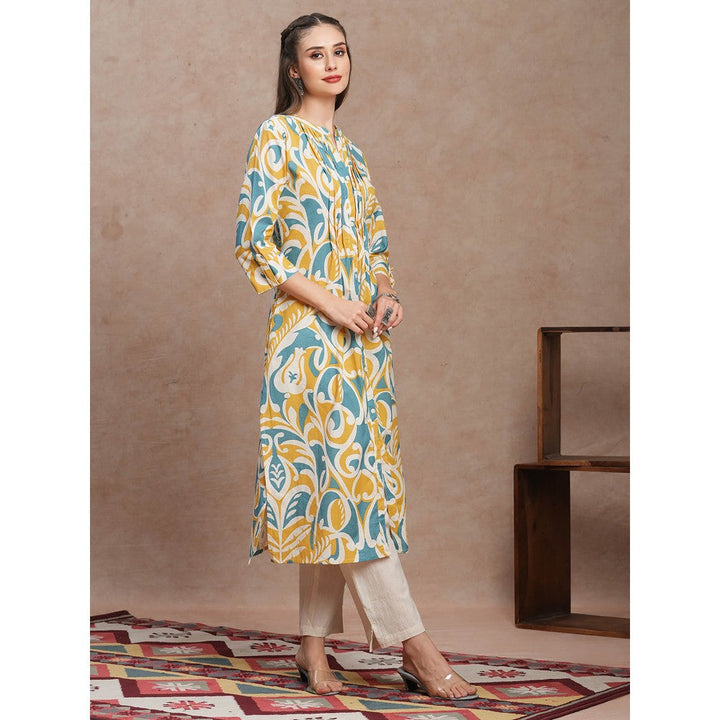 FASHOR Blue Floral Printed A-Line Pleated Kurta with Pant (Set of 2)