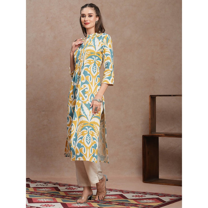 FASHOR Blue Floral Printed A-Line Pleated Kurta with Pant (Set of 2)