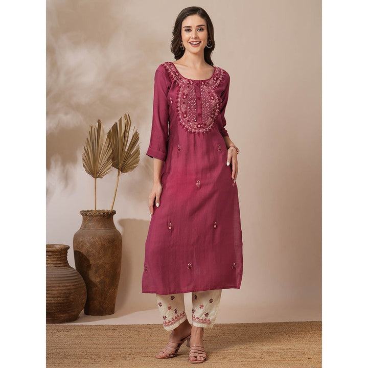 FASHOR Pink Solid Floral Hand Embroidered Straight Fit Kurta with Pant (Set of 2)