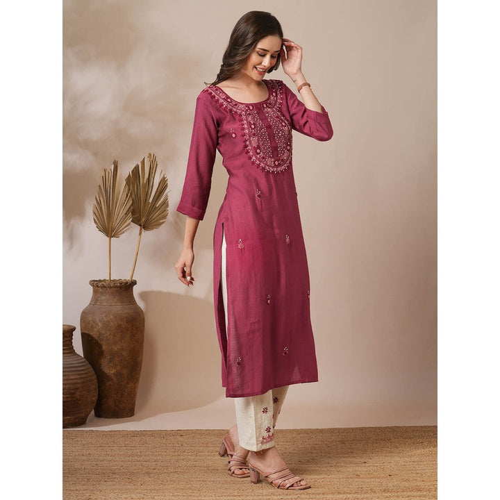 FASHOR Pink Solid Floral Hand Embroidered Straight Fit Kurta with Pant (Set of 2)