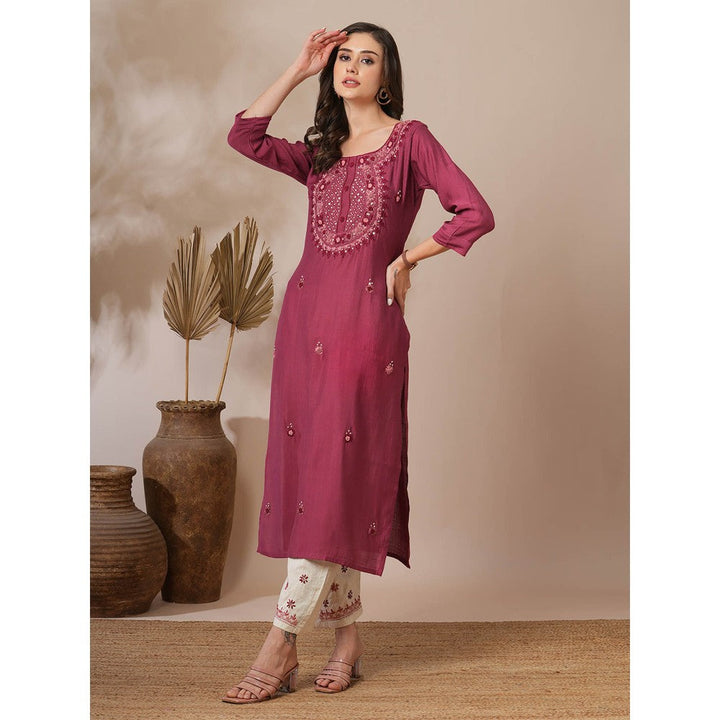 FASHOR Pink Solid Floral Hand Embroidered Straight Fit Kurta with Pant (Set of 2)