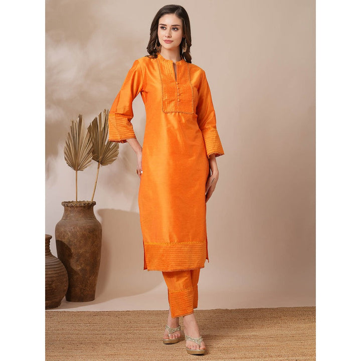 FASHOR Orange Solid Pin Tucked Straight Fit Kurta with Pant (Set of 2)