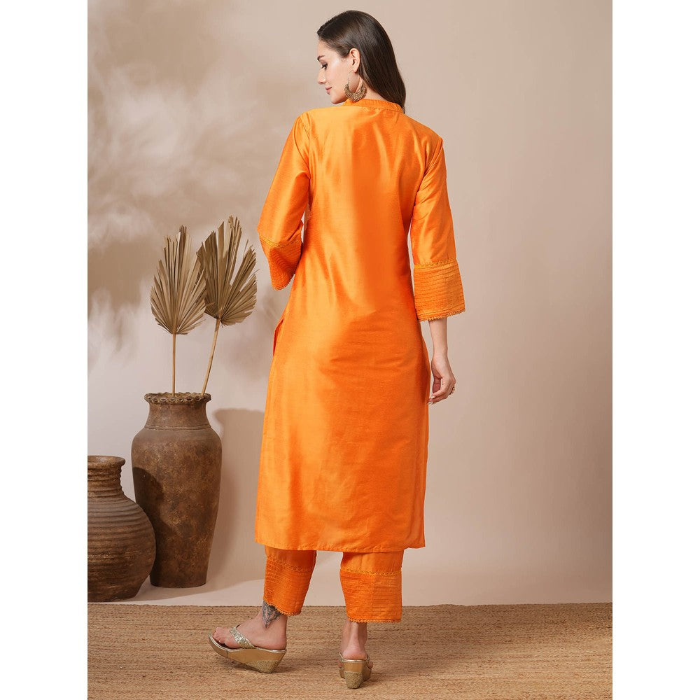 FASHOR Orange Solid Pin Tucked Straight Fit Kurta with Pant (Set of 2)