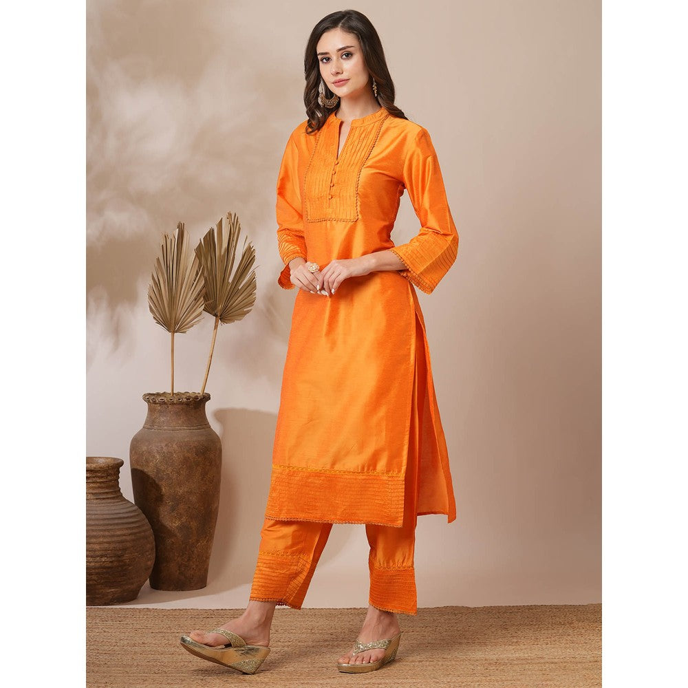 FASHOR Orange Solid Pin Tucked Straight Fit Kurta with Pant (Set of 2)