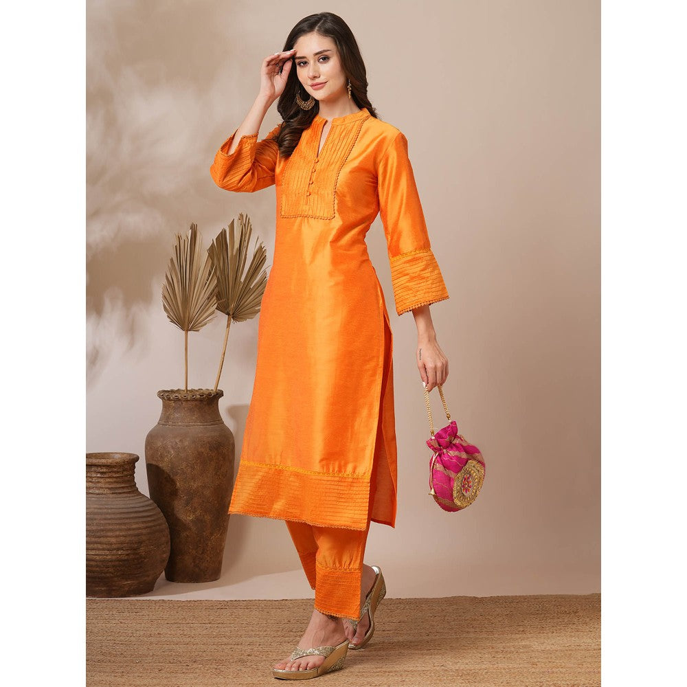 FASHOR Orange Solid Pin Tucked Straight Fit Kurta with Pant (Set of 2)