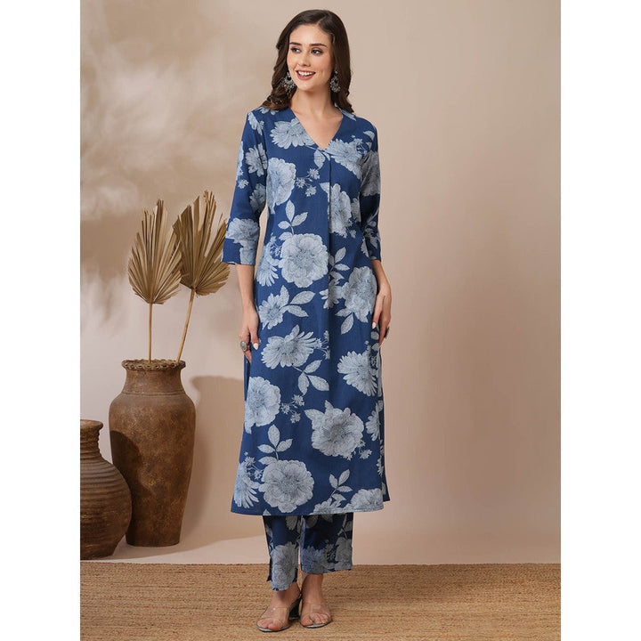 FASHOR Blue Floral Printed Straight Fit Kurta with Pant (Set of 2)