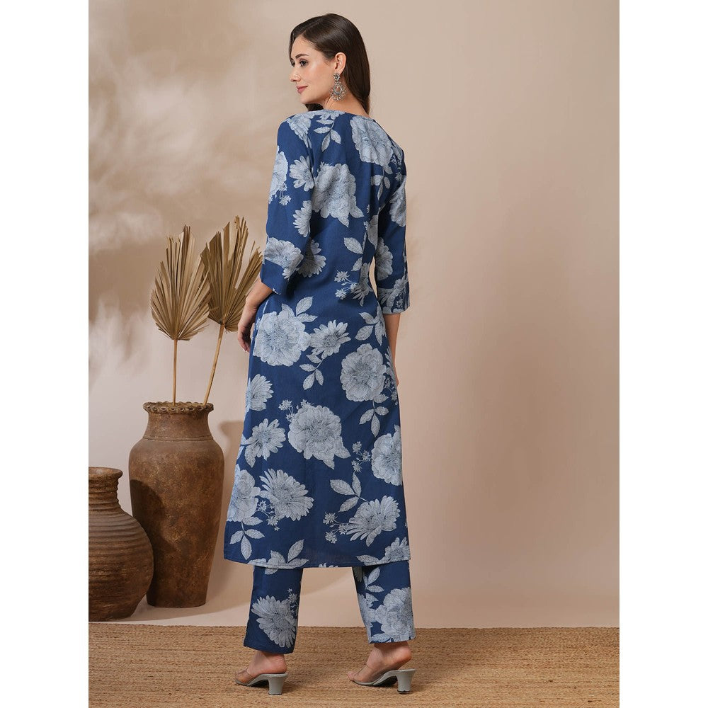 FASHOR Blue Floral Printed Straight Fit Kurta with Pant (Set of 2)